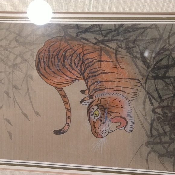 Vintage 1970s Japanese hand-painted on silk tiger signed 12 x 15" - Picture 3 of 8